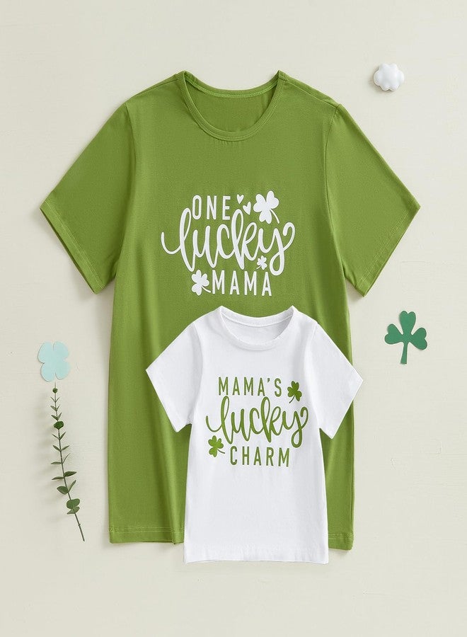 Karuedoo Mommy and Me St Patrick's Day Shirts Lucky Letters Clover Short Sleeve T-Shirt Mother Daughter Son Matching Outfits (Mom, L, Green White) - Image 2