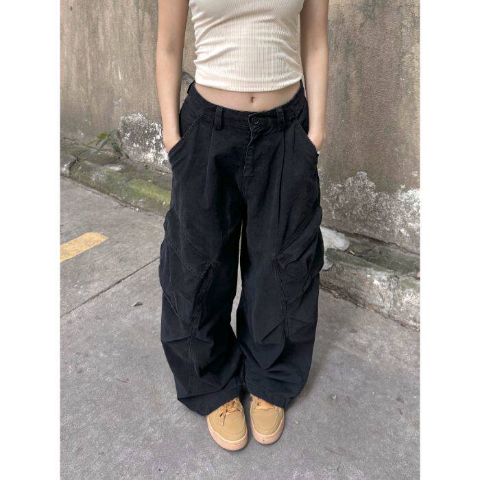 American retro washed cotton deconstructed design sense multi-pocket pleated work pants trendy loose straight pants for men and women - Image 2