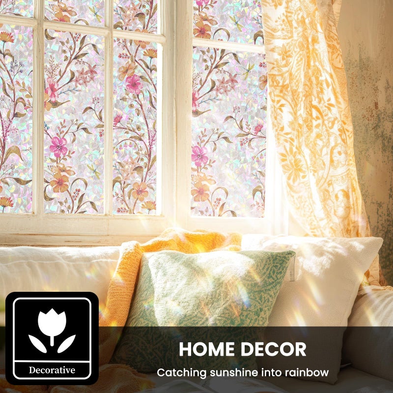 FEOMOS Stained Glass Window Film, Window Privacy Film with Sun & UV Heat Blocking, Floral Static Cling Window Cover Tint, Rainbow Decorative Sticker for Home 17.7 x 78.7 inches - Image 2