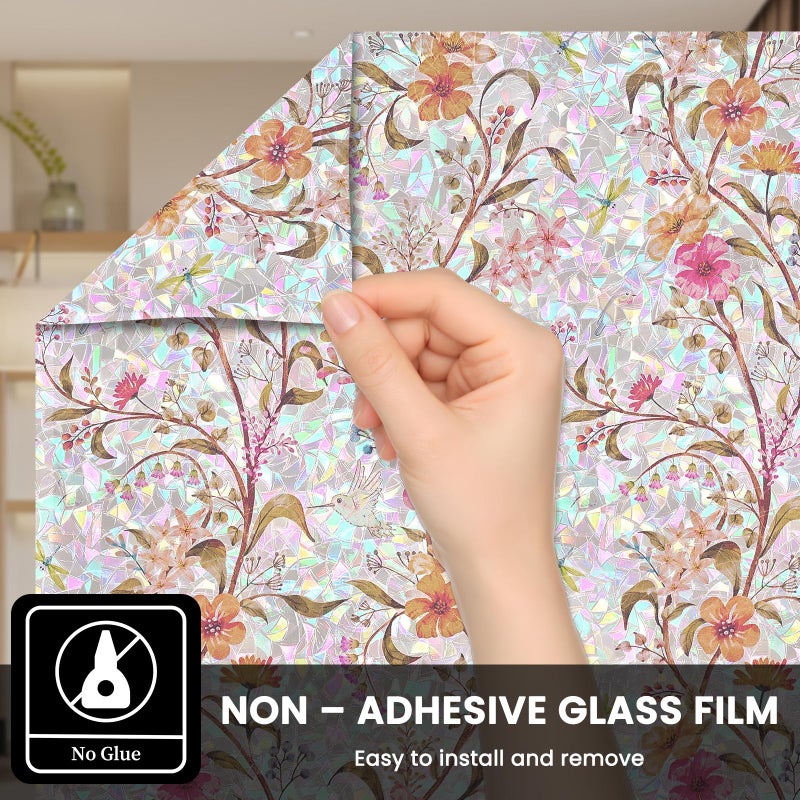 FEOMOS Stained Glass Window Film, Window Privacy Film with Sun & UV Heat Blocking, Floral Static Cling Window Cover Tint, Rainbow Decorative Sticker for Home 17.7 x 78.7 inches - Image 5