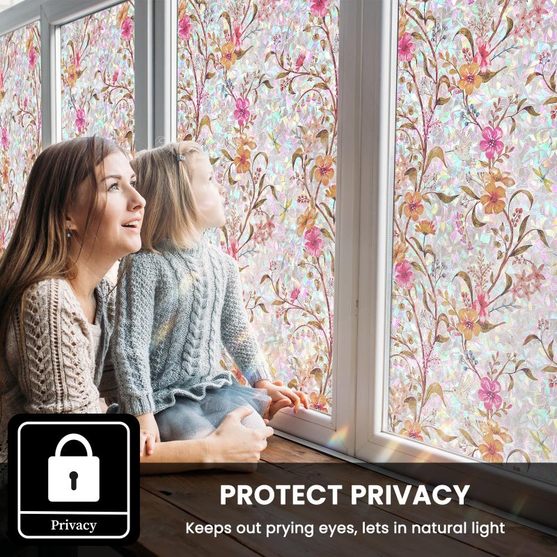 FEOMOS Stained Glass Window Film, Window Privacy Film with Sun & UV Heat Blocking, Floral Static Cling Window Cover Tint, Rainbow Decorative Sticker for Home 17.7 x 78.7 inches - Image 3