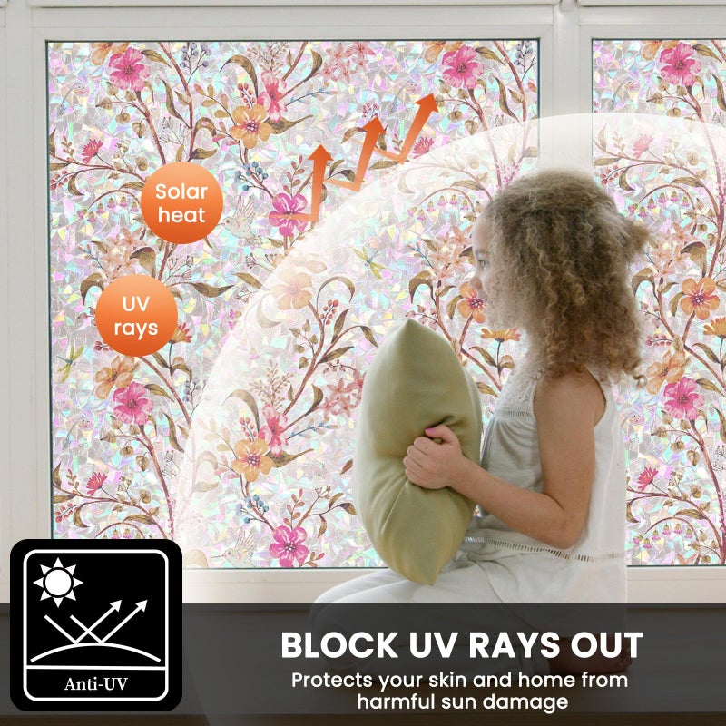 FEOMOS Stained Glass Window Film, Window Privacy Film with Sun & UV Heat Blocking, Floral Static Cling Window Cover Tint, Rainbow Decorative Sticker for Home 17.7 x 78.7 inches - Image 4