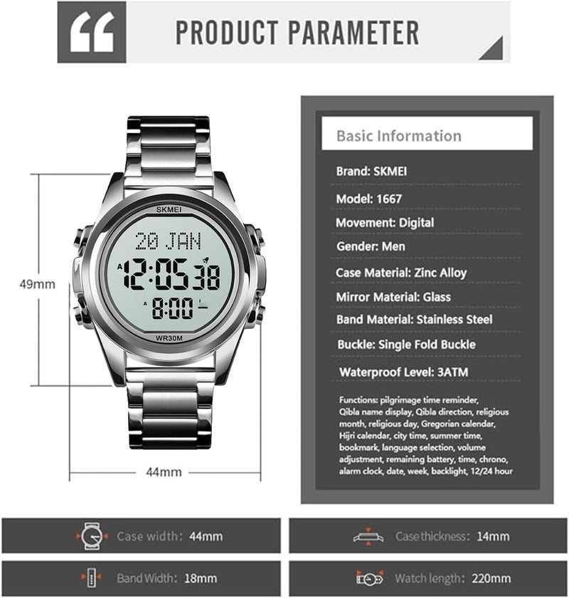 Foloose Digital Watch for Prayer Qibla Compass Hijri Calendar Bookmark City Selection Function Date Week Alarm Backlight 3ATM Men Azan Watches Wristband Men's Gifts with Watch Box(Silver) - Image 3