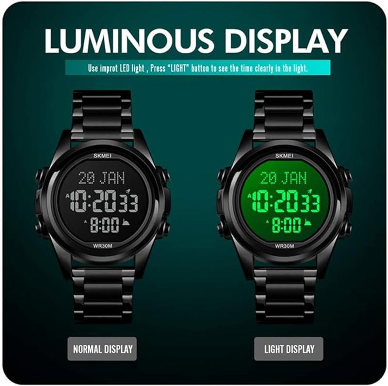 Foloose Digital Watch for Prayer Qibla Compass Hijri Calendar Bookmark City Selection Function Date Week Alarm Backlight 3ATM Men Azan Watches Wristband Men's Gifts with Watch Box(Silver) - Image 5