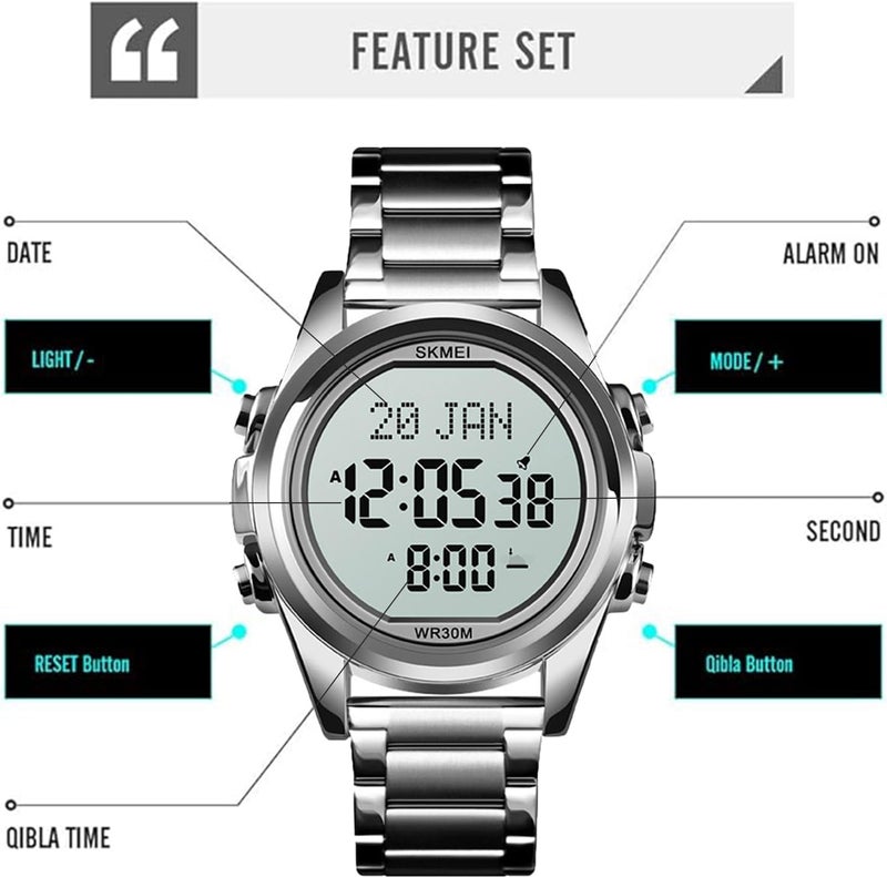 Foloose Digital Watch for Prayer Qibla Compass Hijri Calendar Bookmark City Selection Function Date Week Alarm Backlight 3ATM Men Azan Watches Wristband Men's Gifts with Watch Box(Silver) - Image 4