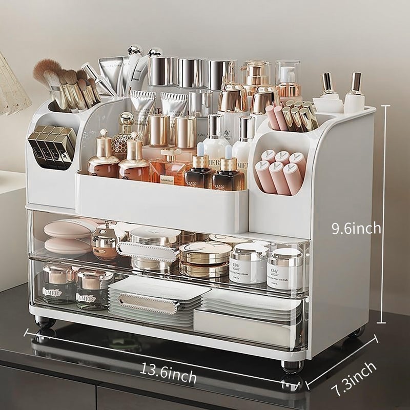 Heaime Makeup Organizer with Drawers for Vanity,Bathroom Countertop Organizer with Brushes Holder,Skincare Storage Organizer,Perfect Cosmetic Display Case for Skincare,Lipstick and Beauty Essential (White) - Image 2