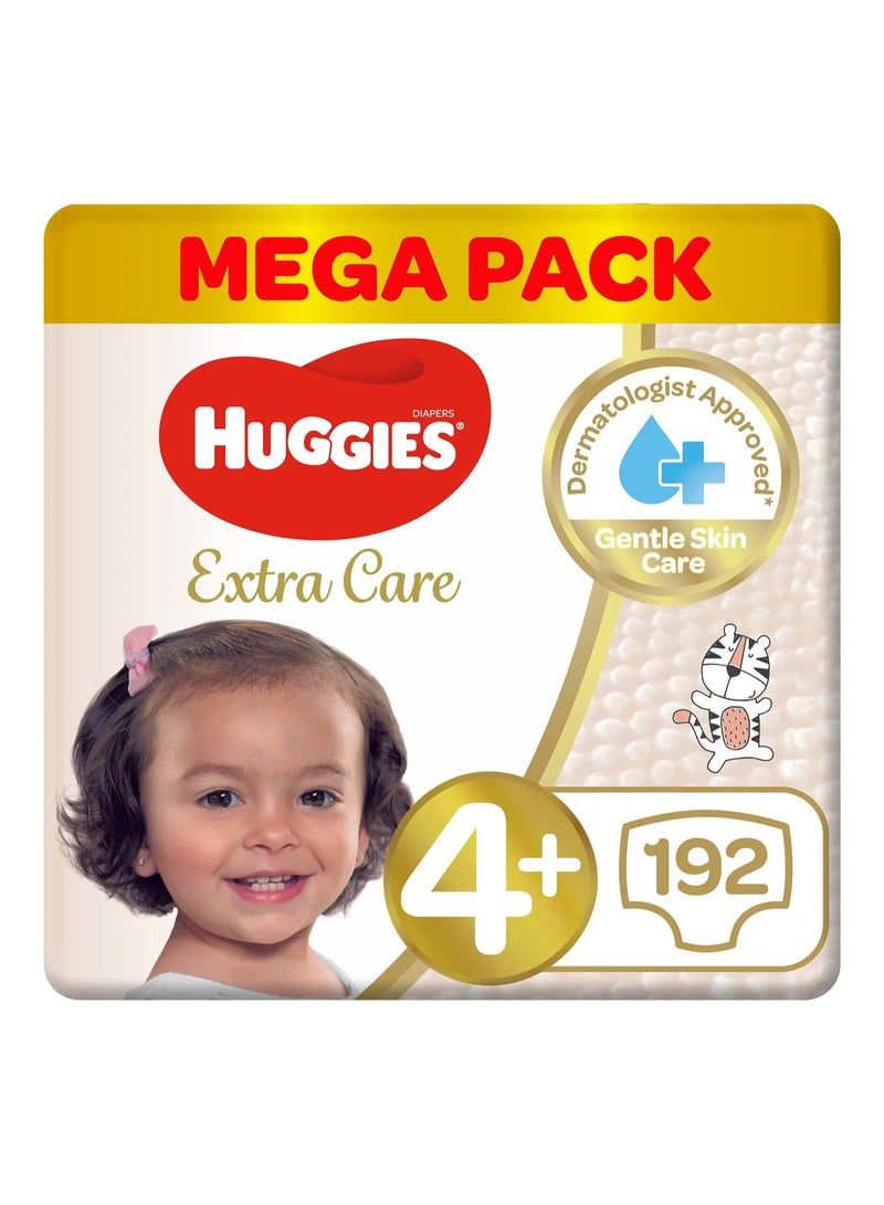 Huggies Extra Care Tape Stye Diapers, 192 Pieces Mega Pack, Size 4+, 10-16kg - 12h Protection, Dermatologist Approved, Breathable - Image 1
