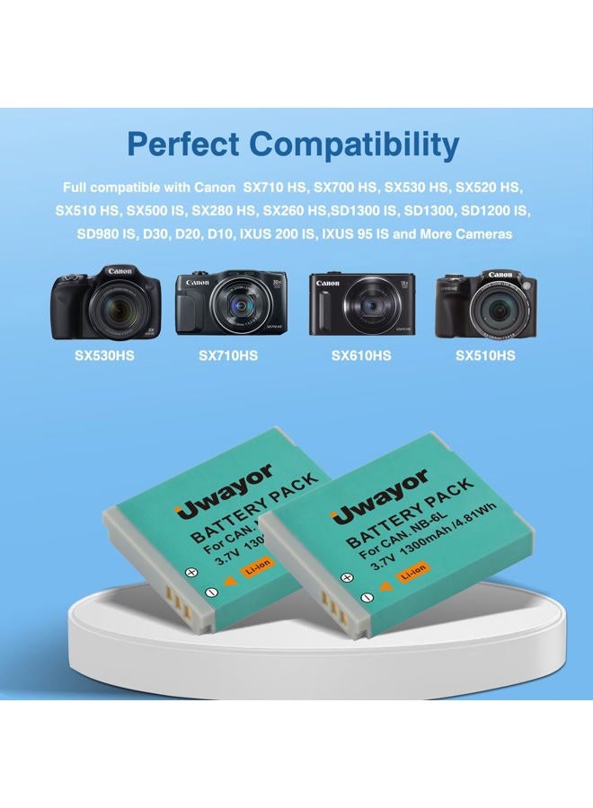 Uwayor 2 Pack NB-6L NB-6LH Battery and Charger for Canon PowerShot SX540 HS, SX530 HS, SX520 HS, SX510 HS, SX500 is, SX700 HS, SX710 HS, SX610 HS, SX600 HS, SX280 HS, SX270 HS, SX260 HS, S120, S90, D30 - Image 2