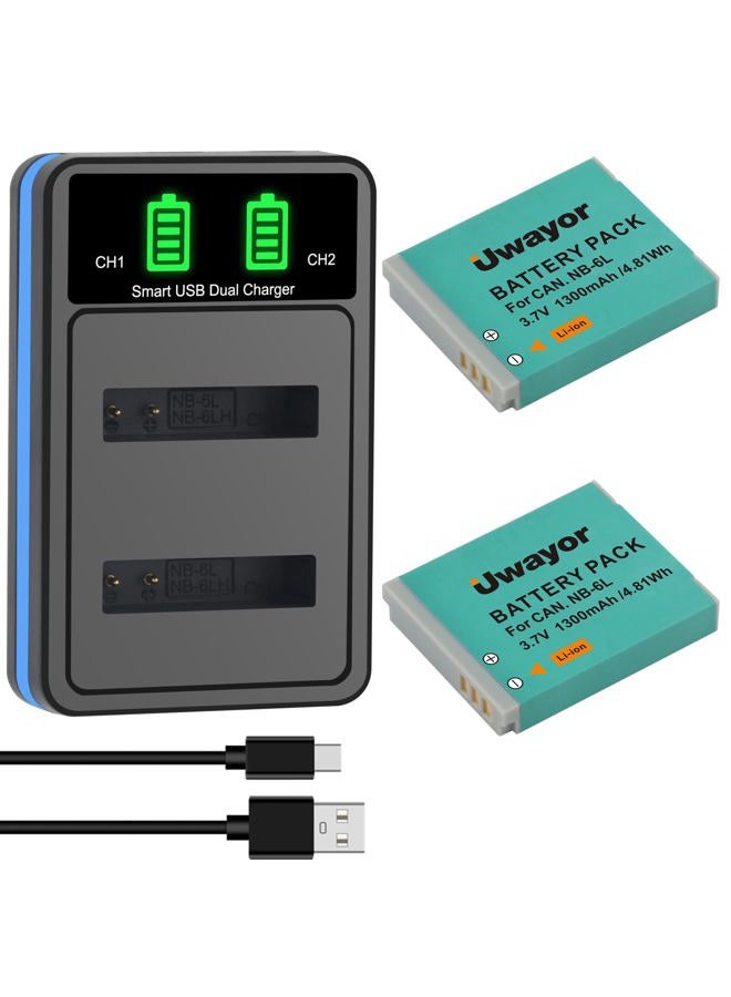 Uwayor 2 Pack NB-6L NB-6LH Battery and Charger for Canon PowerShot SX540 HS, SX530 HS, SX520 HS, SX510 HS, SX500 is, SX700 HS, SX710 HS, SX610 HS, SX600 HS, SX280 HS, SX270 HS, SX260 HS, S120, S90, D30 - Image 1