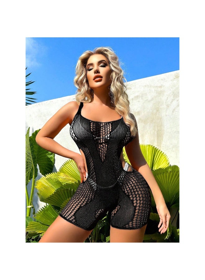 Black Fishnet Cutout Bodysuit Romper, See-Through Mesh Sleeveless Lingerie Dress for Women - Image 1