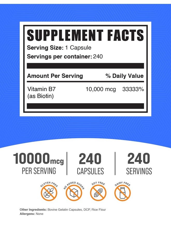 BulkSupplements.com Biotin 10000mcg Capsules - Biotin Supplement, Biotin Vitamins for Hair, Skin and Nails, Vitamin B7 - Gluten Free, 1 Capsule per Serving, 240 Capsules (Pack of 1) - Image 2