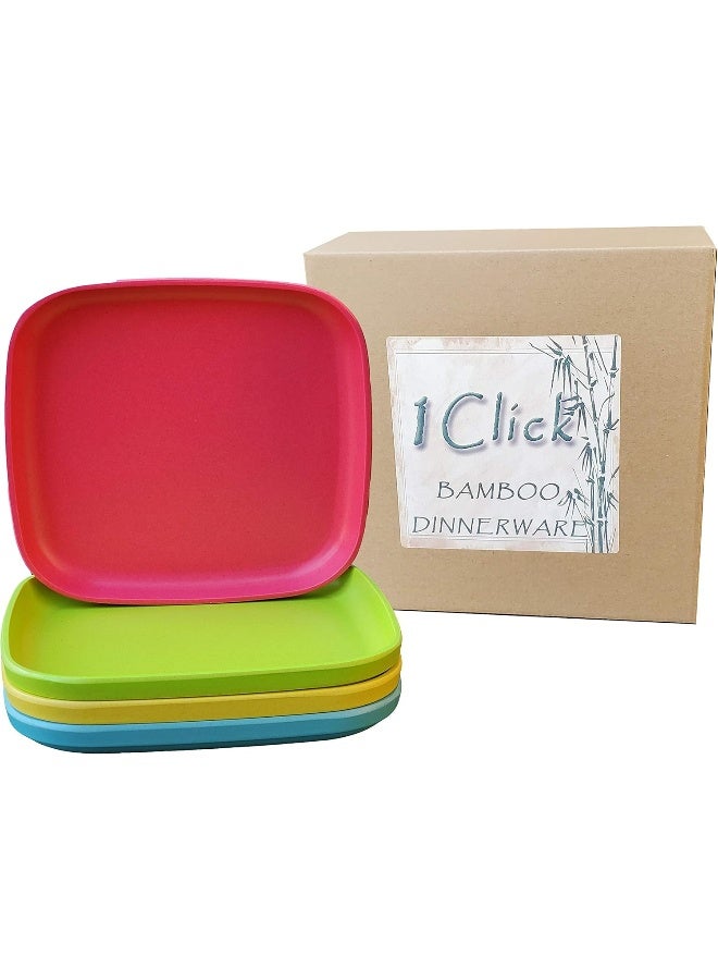 1 Click Bamboo Kids Plates, (4 Color Set), Stackable, Reusable, Deep sides for Easy Kids, Toddlers and Big Kids Feeding, Dishwasher Safe, Bamboo Dinnerware Set - Image 1
