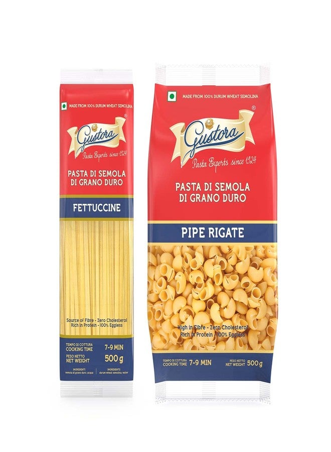Gustora Healthy Fettuccine & Pipe Rigate Pasta Combo Made Of Durum Wheat Semolina I Rich In Protein & Fibre I Zero Cholesterol I Vegetarian I No Trans - Fat I Cooking Time 10 Min - (500 Gm X 2) - Image 1