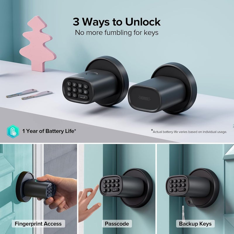 ThorBolt Fingerprint Door Knob, Keyless Door Knob with Keypad Biometric Electronic Thumbprint, Auto-Lock for Interior Doors for Bedroom, Home, Office, Garage, 4xAA Alkaline (NOT Included), MD1 Black - Image 2