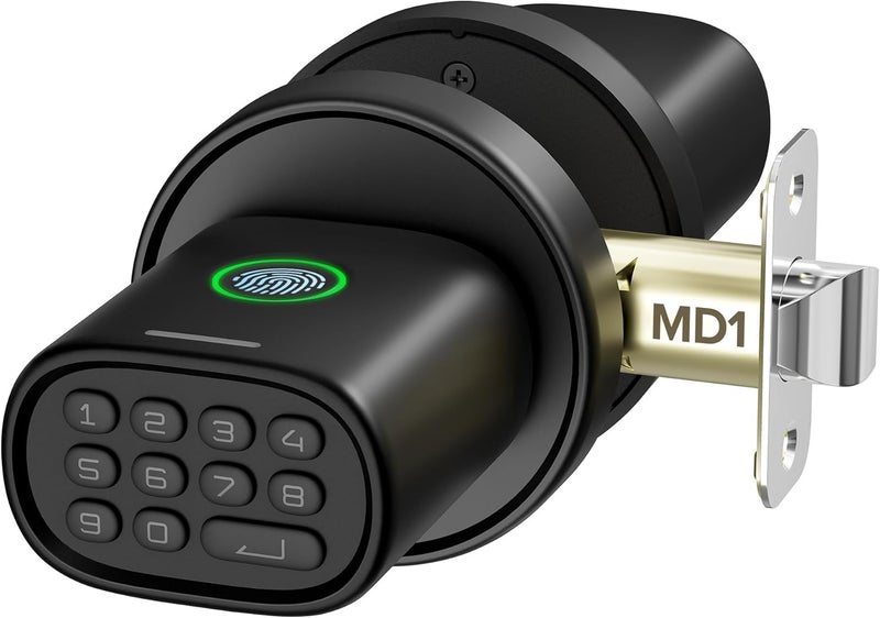 ThorBolt Fingerprint Door Knob, Keyless Door Knob with Keypad Biometric Electronic Thumbprint, Auto-Lock for Interior Doors for Bedroom, Home, Office, Garage, 4xAA Alkaline (NOT Included), MD1 Black - Image 1