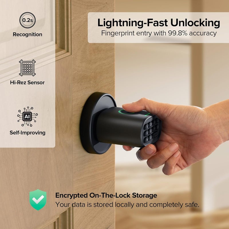 ThorBolt Fingerprint Door Knob, Keyless Door Knob with Keypad Biometric Electronic Thumbprint, Auto-Lock for Interior Doors for Bedroom, Home, Office, Garage, 4xAA Alkaline (NOT Included), MD1 Black - Image 3