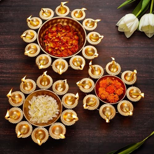 TIED RIBBONS Diya Shape Urli Bowl Set for Decoration | Iron, 10,11,13 Inch | Set of 3 | Flower Decorative Bowl for Wedding, Pooja, Christmas Decorations, Indian Décor - Image 1