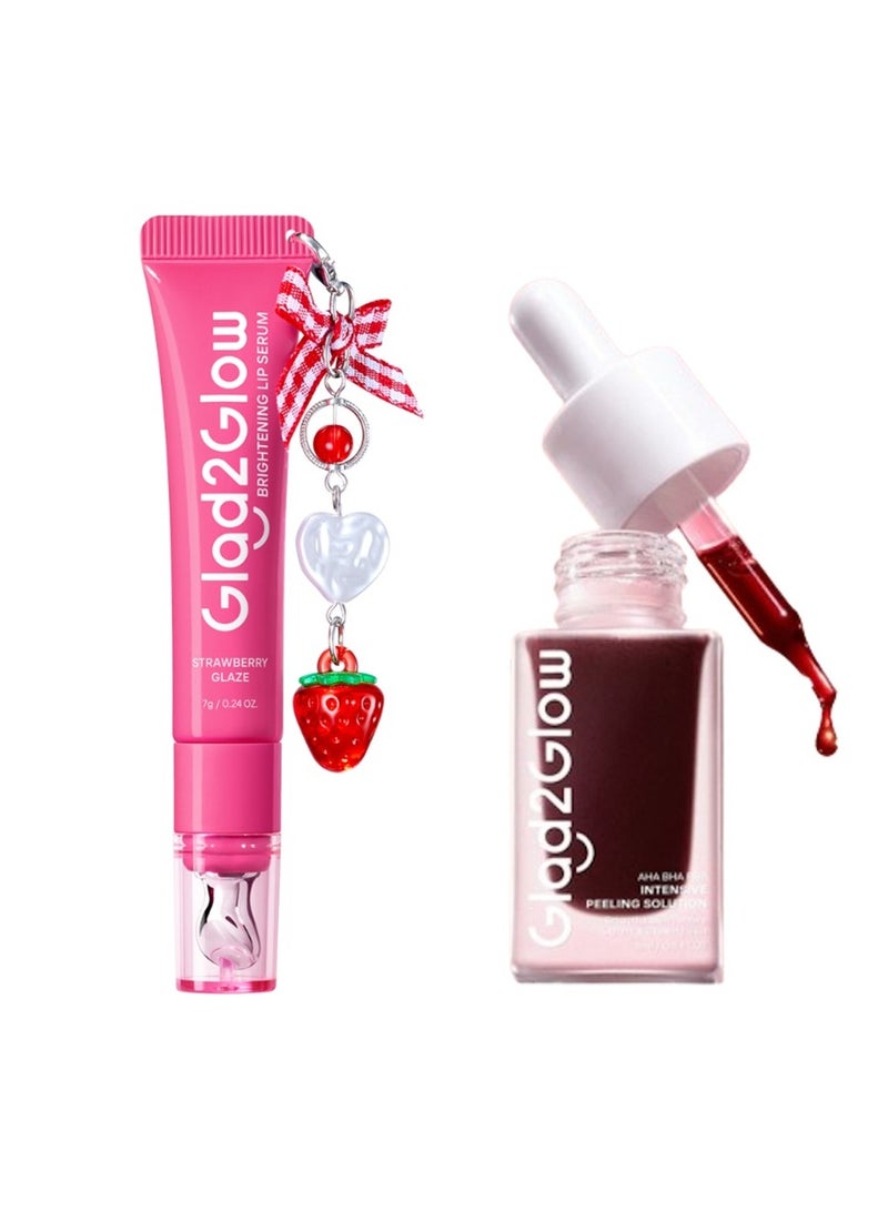 Glad2Glow Complete Set: AHA BHA PHA Intensive Peeling Solution Serum 50ml with Brightening Charm Lip Serum 01 Strawberry Glaze 7g - For Glowing Skin, Brightening Dark Spots, and Acne Treatment - Image 1