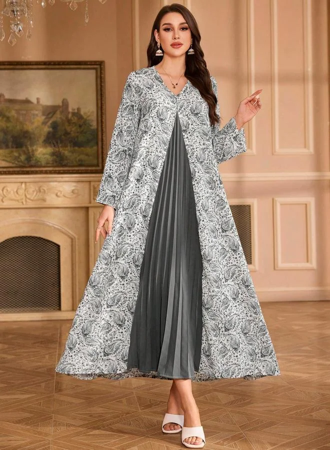 Take Two Floral Print Pleated Detail A-Line Maxi Jalabiya