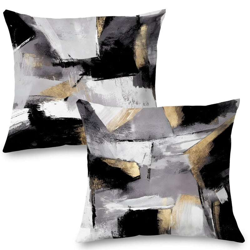 Supwhd Black and White Pillow Covers  Abstract White Black and Gold Pillow Covers 18x18 Set of 2  Modern Black and White Pillow Covers for Couch Bed Living Room - Image 1