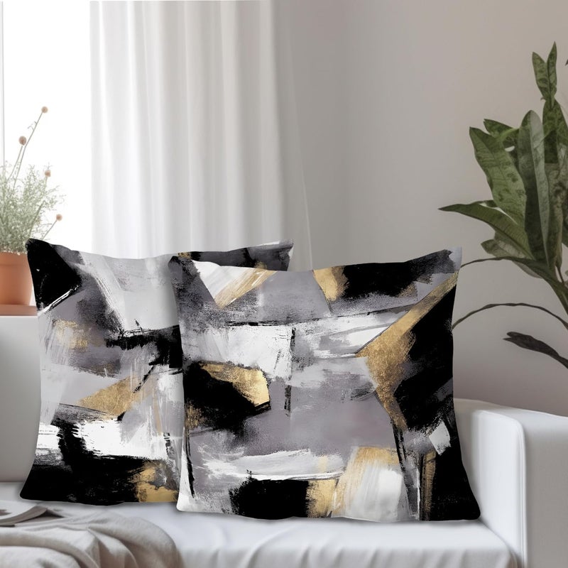 Supwhd Black and White Pillow Covers  Abstract White Black and Gold Pillow Covers 18x18 Set of 2  Modern Black and White Pillow Covers for Couch Bed Living Room - Image 2