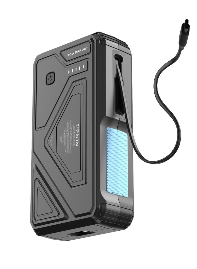 Powerology Solar Wireless Charging Power Bank 27000mAh 20W PD, Built-in USB-C Cable, 4-Device Charging, IP54 Water Resistant, Portable Charger, 22.5W USB-A Output, Solar Charger, Multi-Mode Flashlight, Ideal for Outdoor, Camping, Everyday Use - Image 1