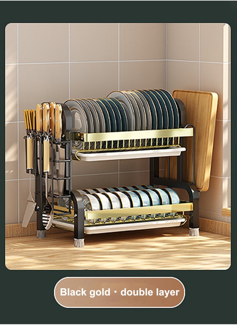 LOOPITYS Microwave Stand Dish Rack for Kitchen Counter, Household Storage Rack, 2 Layer Dish Drying Rack, with Drip Tray, Knife Holder and Chopstick Cage  - Image 1