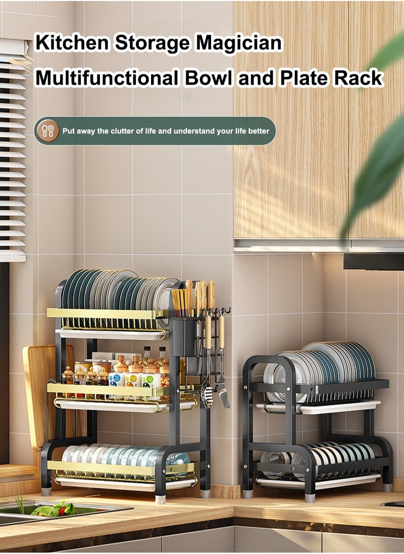 LOOPITYS Microwave Stand Dish Rack for Kitchen Counter, Household Storage Rack, 2 Layer Dish Drying Rack, with Drip Tray, Knife Holder and Chopstick Cage  - Image 2