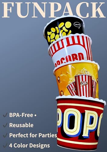 ONONEXPRESS Modern Style Reusable Plastic Popcorn Box/Popcorn Containers/Popcorn Bowls Set for Movie Theater Night - (BPA Free - 4 Pack - 75 oz) (Popcorn Mix E) - Image 2