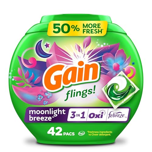 Gain Flings Laundry Detergent Pacs, 42 Count, Moonlight Breeze Scent, 3 in 1 HE Detergent Pacs with Oxi Boost and Febreeze - Image 1