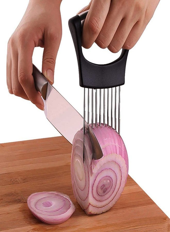 Hvanam Onion Cut Tomato Slicer Lemon Handy Kitchen Slicing Tool With 10 Even Prongs For Onion Lemon Potato Tomato Slices And Can Be Used To Assist In Cutting Fish, Meat Or Loosen Meat (Black) - Image 2