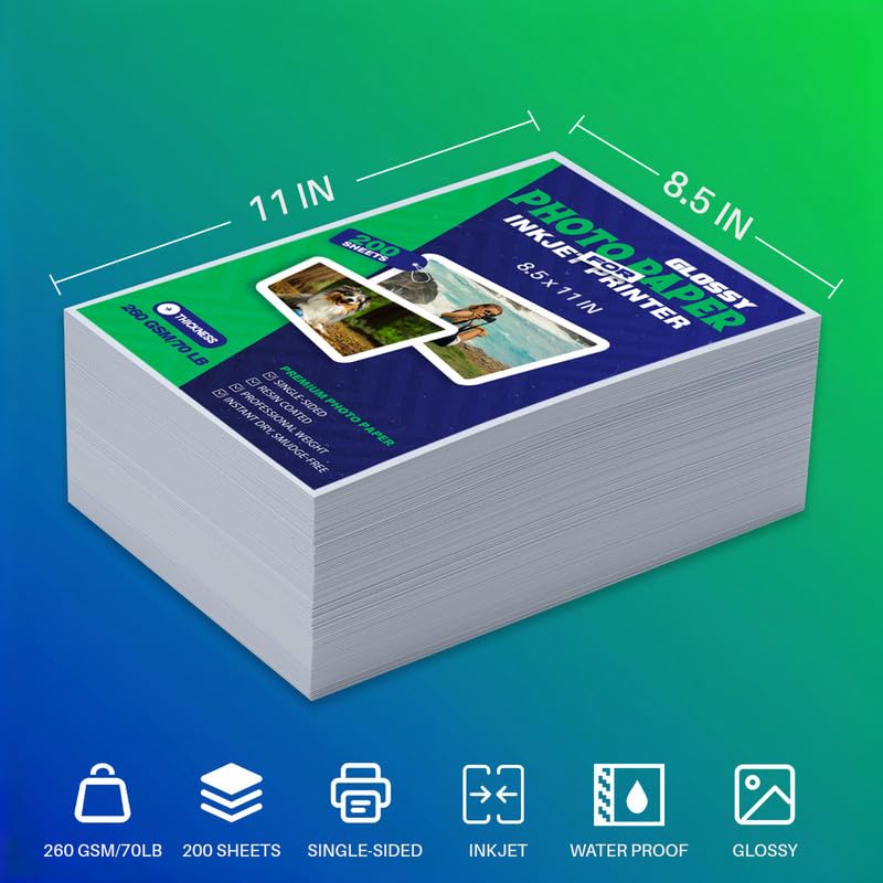 Magecubiku Inkjet Photo Paper 8.5x11 Inches,Glossy 200 Sheets 70 lb/260 gsm Premium Thick Single Sided Heavyweight Photographic Paper for Inkjet Printer Instant Dry Professional Postcard Picture Use Dye Ink - Image 3
