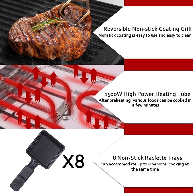 CUSIMAX شواية راكليت كهربائية طاولة محمولة 2 في 1 شواية كورية للشواء داخلي وراكليت جبن، لوحة غير لاصقة قابلة للعكس، صانع كريب مع تحكم في درجة الحرارة القابلة للتعديل و8 ملاعق - Image 3