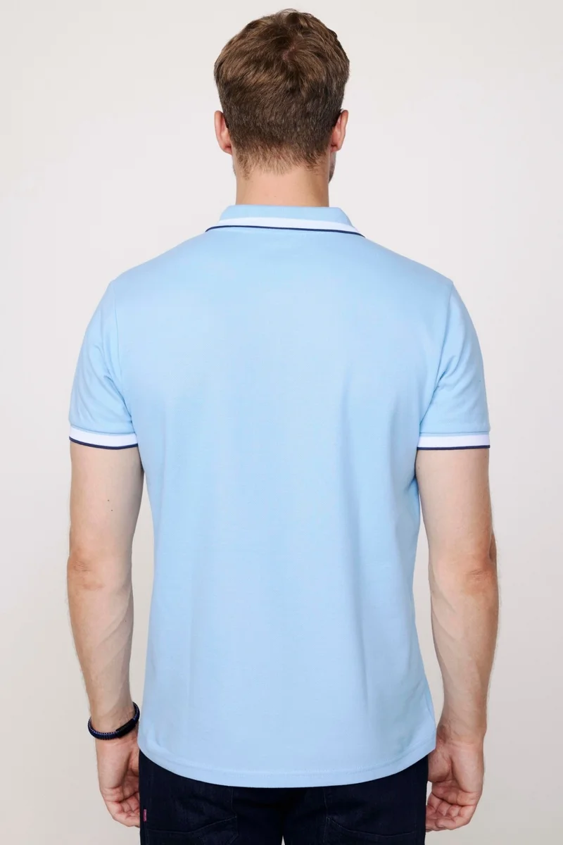 تودورس Men's Polo Neck Slim Fit Collar and Sleeve Striped Pique Blue T-Shirt