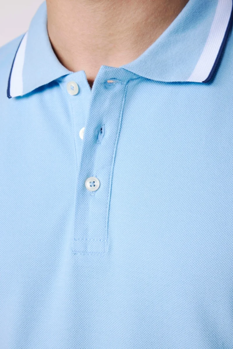تودورس Men's Polo Neck Slim Fit Collar and Sleeve Striped Pique Blue T-Shirt