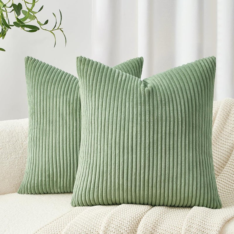 Topfinel Cushion Cover 50 x 50 cm Pastel Green Corduroy Wrinkle Resistant Striped Pattern Covers for Lumbar Cushion Armchair Sofa Bohemian Scandinavian Style Set of 2 Without Pillow - Image 1