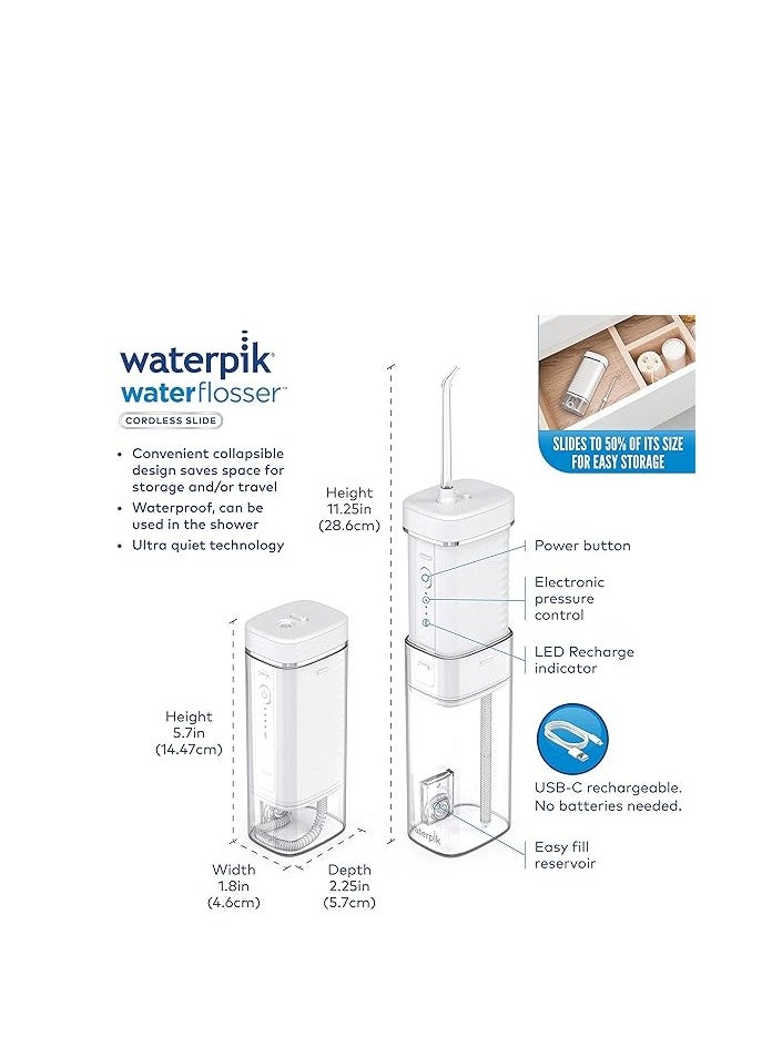 Waterpik - Waterpik Cordless Slide Professional Water Flosser, Portable Collapsible for Travel and Storage, with Travel Bag and 4 Tips, ADA Accepted, Rechargeable and Waterproof, White WF-17CD010-1 - Image 1
