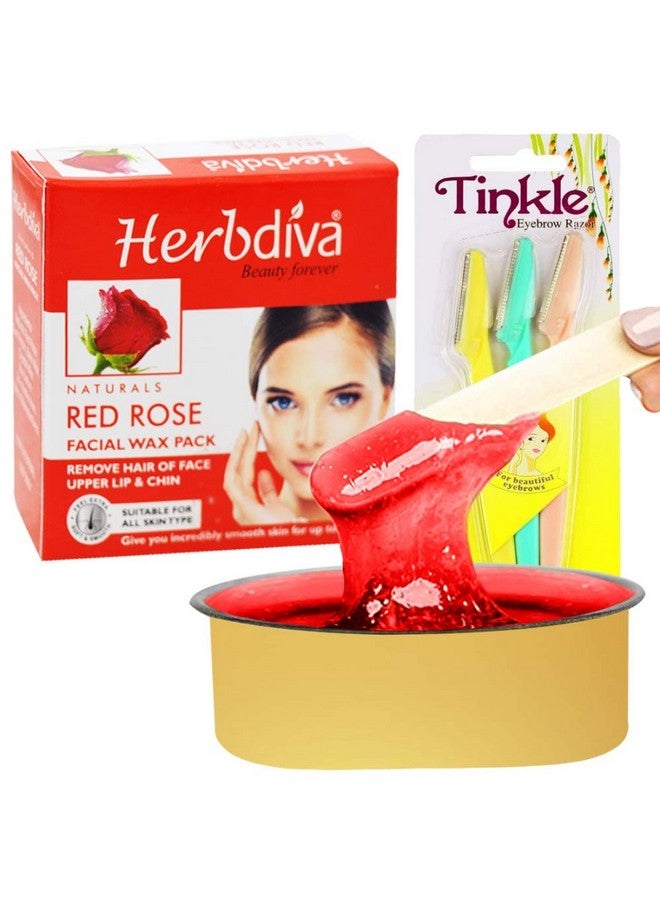 Herbdiva Katori Facial Wax Red Rose 80G With Eyebrow Razer,(101Rzr), Pack Of 2