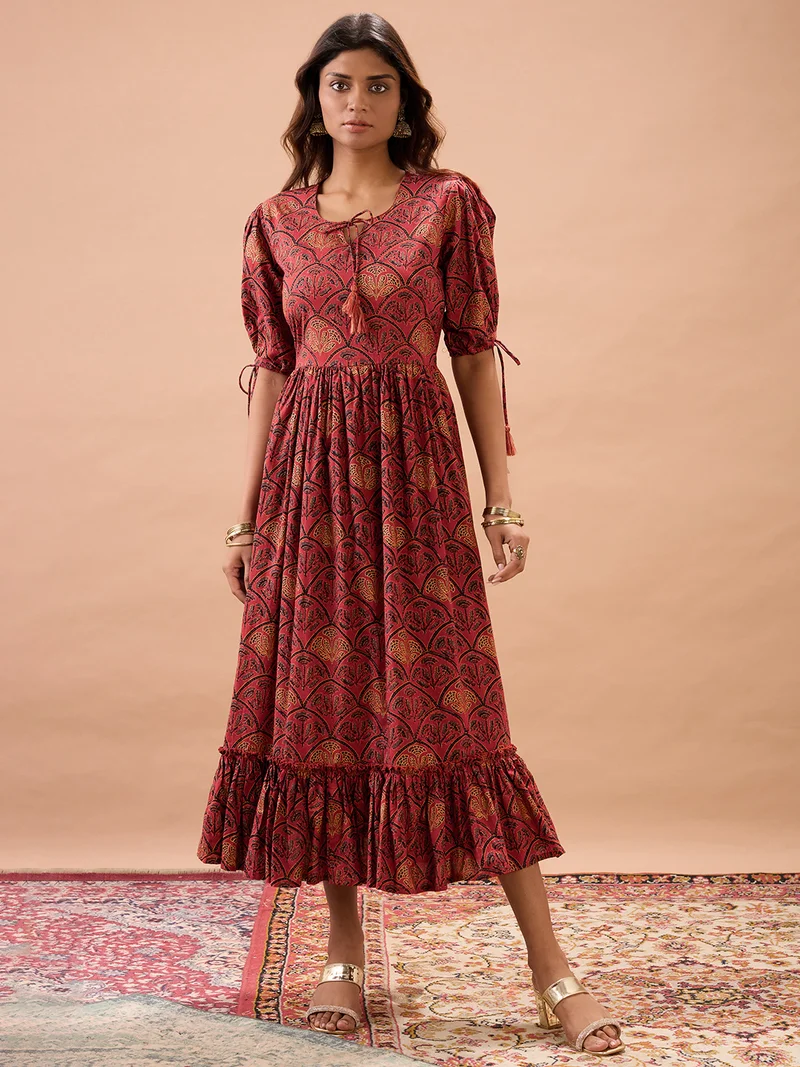 Women Maroon Round Neck Puff Sleeves Ethnic Print Tie-Ups Detail Tiered A-Line Midi Dress