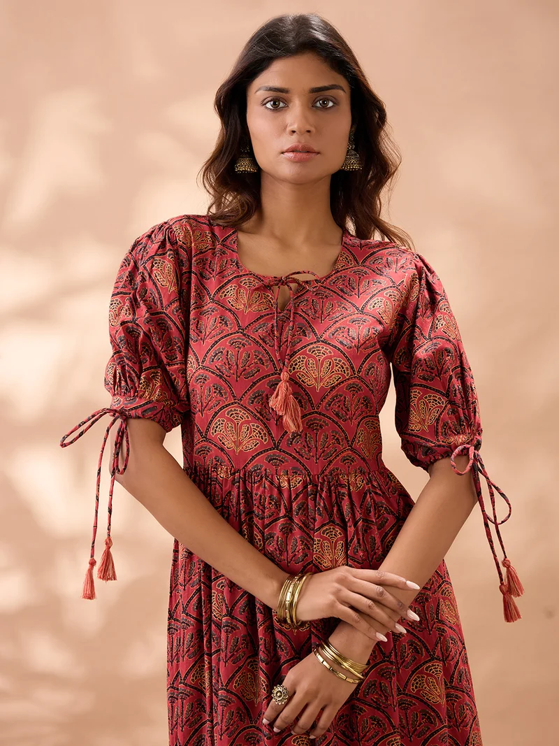globus Globus Women Maroon Round Neck Puff Sleeves Ethnic Print Tie-Ups Detail Tiered A-Line Midi Dress
