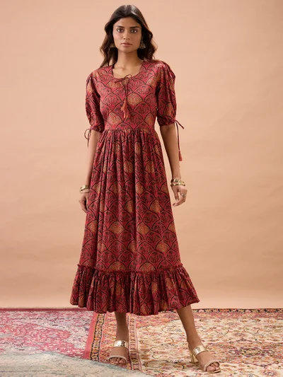 globus Globus Women Maroon Round Neck Puff Sleeves Ethnic Print Tie-Ups Detail Tiered A-Line Midi Dress