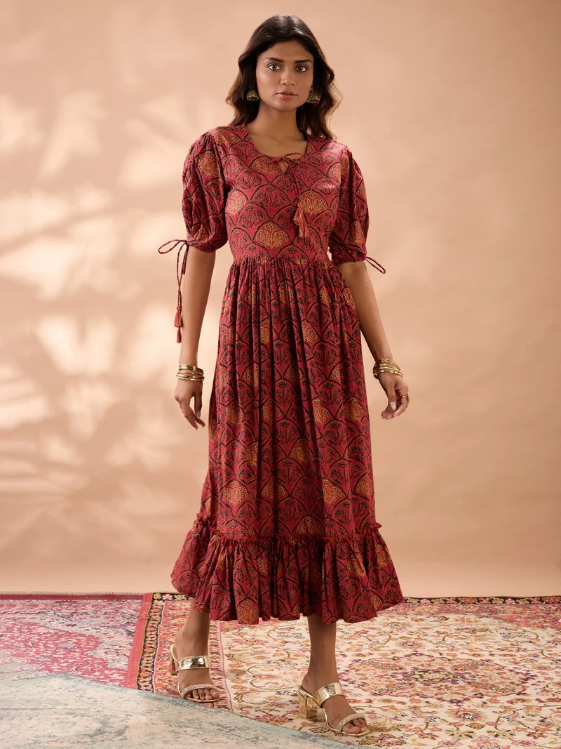globus Globus Women Maroon Round Neck Puff Sleeves Ethnic Print Tie-Ups Detail Tiered A-Line Midi Dress
