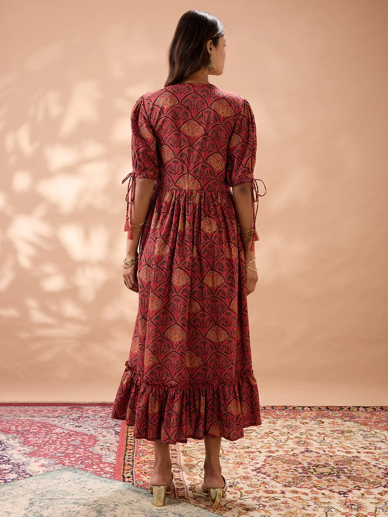globus Globus Women Maroon Round Neck Puff Sleeves Ethnic Print Tie-Ups Detail Tiered A-Line Midi Dress
