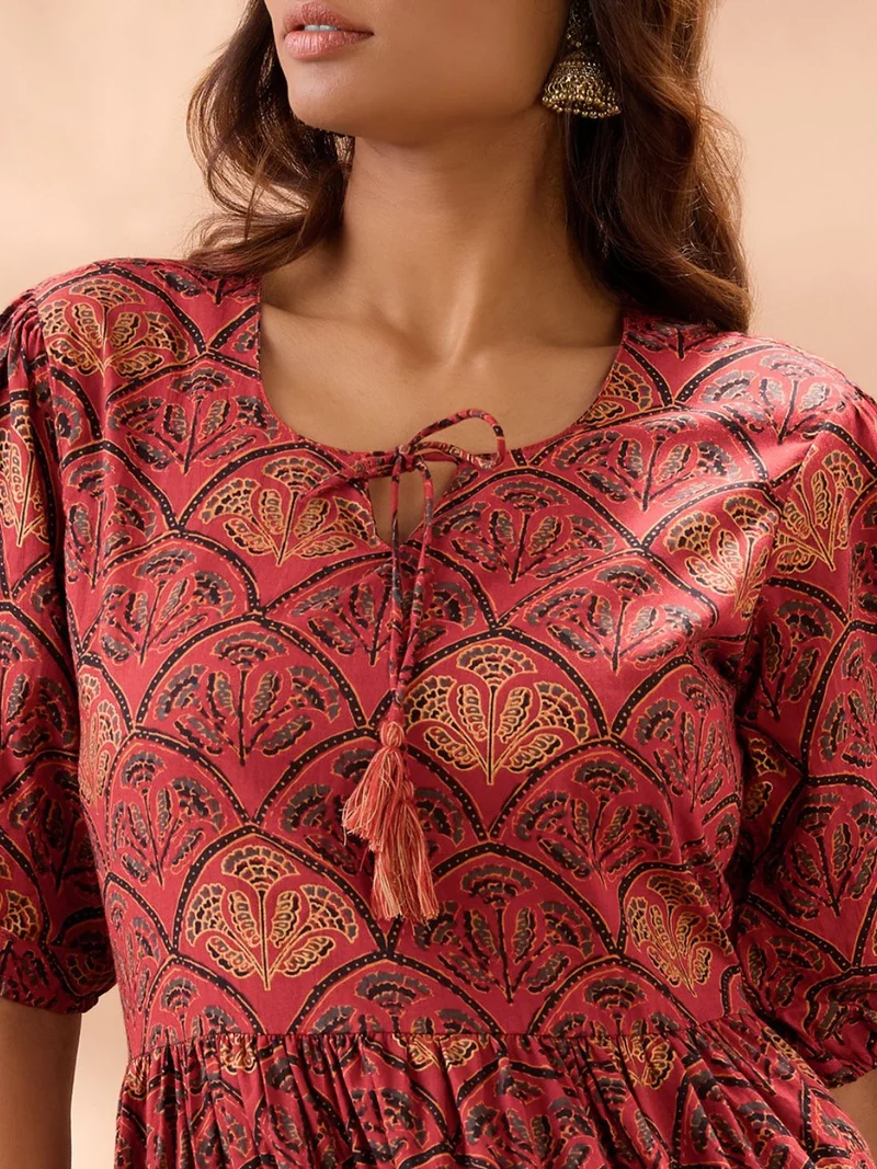 globus Globus Women Maroon Round Neck Puff Sleeves Ethnic Print Tie-Ups Detail Tiered A-Line Midi Dress