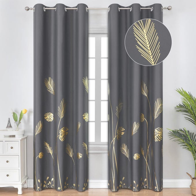THERMAL INSULATED BLACKOUT CURTAINS 84 INCHES LONG WITH FIELD STYLE GOLD LEAF AND WHEAT PRINTED LIGHT BLOCKING CURTAINS FOR BEDROOM KIDS ROOM 38WX84L DARK GREY 1PAIR