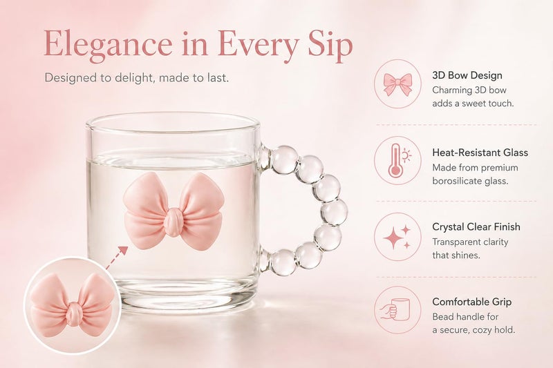 Gipibox® Luxury Glass Accent – Glass-with Cute Bow Coffee Mug, Heat-Resistant Clear Glass Tea Cup with 3D Ribbon Design, Aesthetic Drinkware for Coffee, Tea, Gift for Girls & Women (300ml) (1-PCS) - Image 3