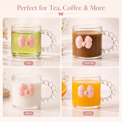Gipibox® Luxury Glass Accent – Glass-with Cute Bow Coffee Mug, Heat-Resistant Clear Glass Tea Cup with 3D Ribbon Design, Aesthetic Drinkware for Coffee, Tea, Gift for Girls & Women (300ml) (1-PCS) - Image 4