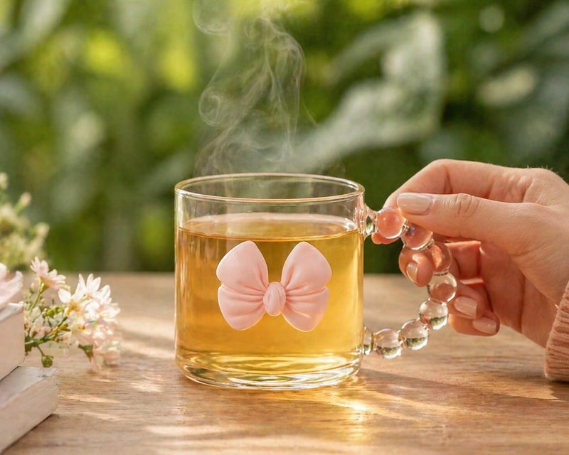 Gipibox® Luxury Glass Accent – Glass-with Cute Bow Coffee Mug, Heat-Resistant Clear Glass Tea Cup with 3D Ribbon Design, Aesthetic Drinkware for Coffee, Tea, Gift for Girls & Women (300ml) (1-PCS) - Image 2
