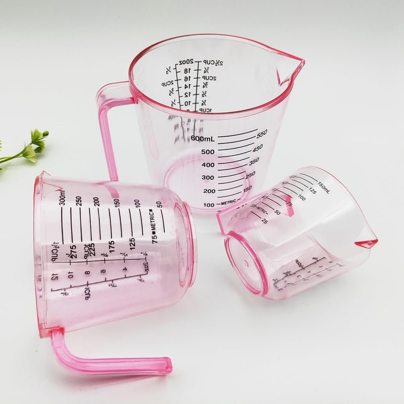BOEYAA Plastic Measuring Cup Set, Kitchen Cooking and Baking Seasoning Liquid Measuring Cup, Multiple Scale Identification, with Handle and Triangle Mouth, 150ml, 300ml, 600ml, 3-piece Set (Pink) - Image 5