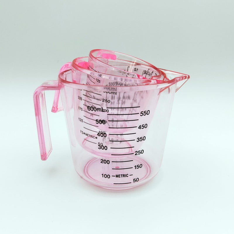 BOEYAA Plastic Measuring Cup Set, Kitchen Cooking and Baking Seasoning Liquid Measuring Cup, Multiple Scale Identification, with Handle and Triangle Mouth, 150ml, 300ml, 600ml, 3-piece Set (Pink) - Image 3